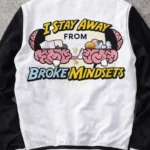 I Stay Away From Broke Mindsets Varsity Jacket Black and White Graphic Letterman Jacket