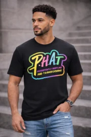 P.H.A.T Persistently Hustling and Transforming Black Graphic T Shirt for Men and Women - Image 2